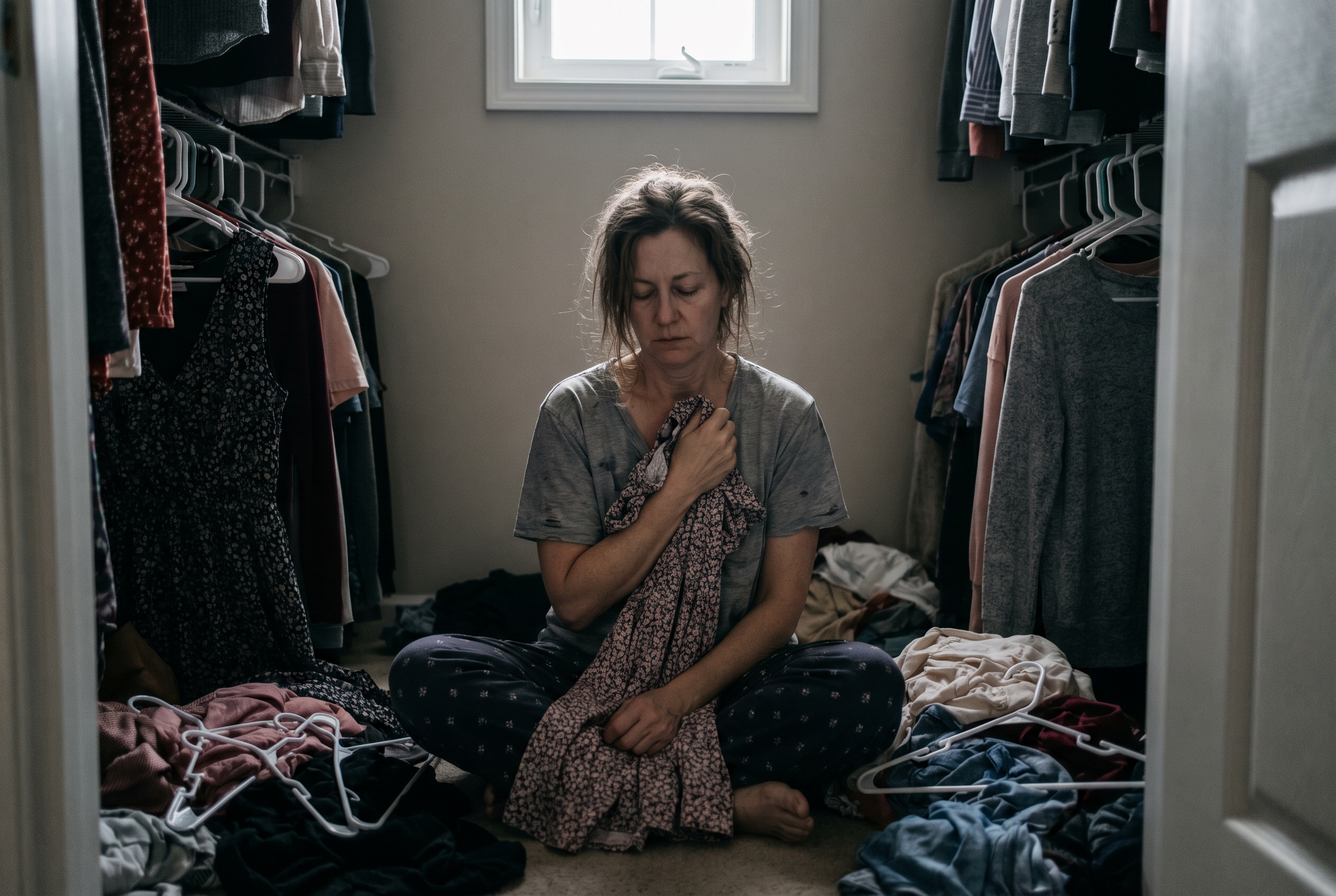 Sarah sitting on her closet floor