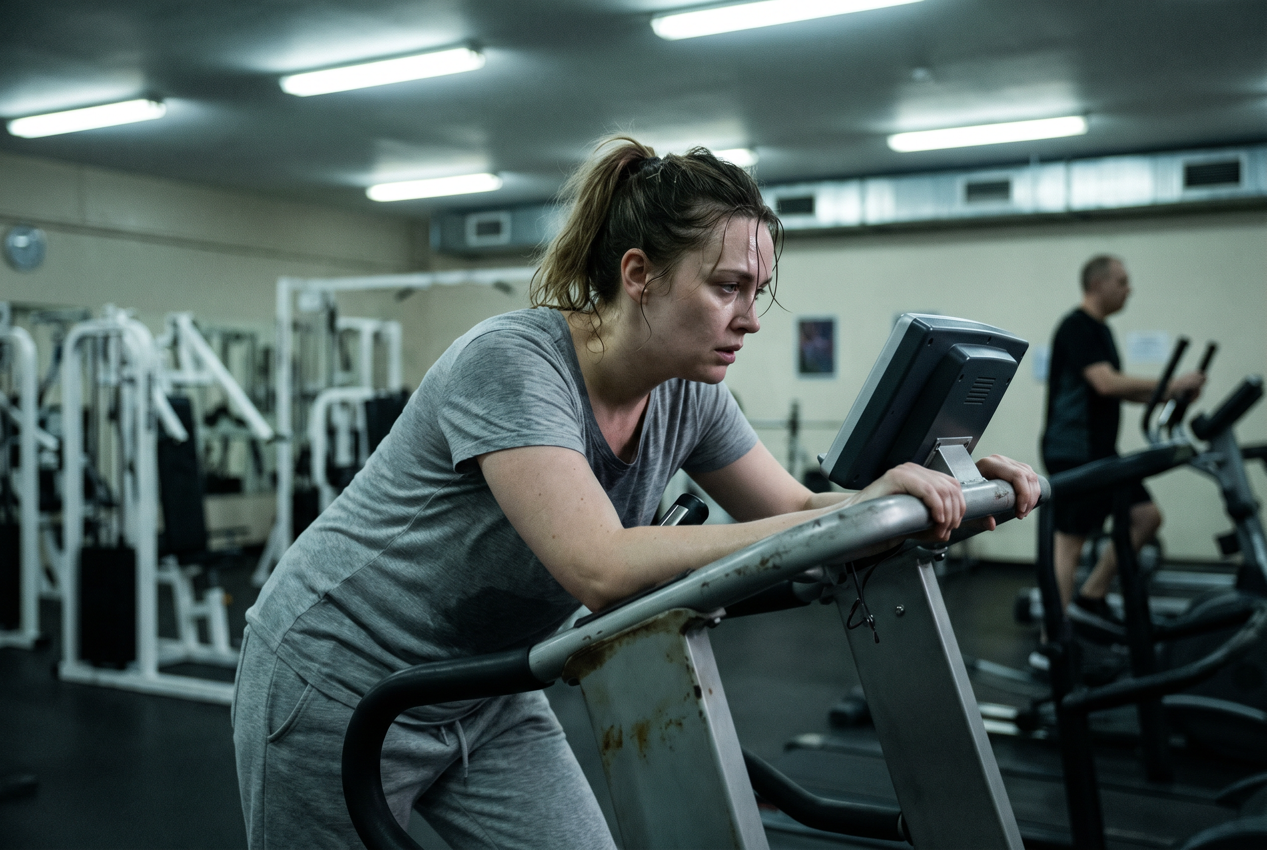 Woman exhausted on a treadmill