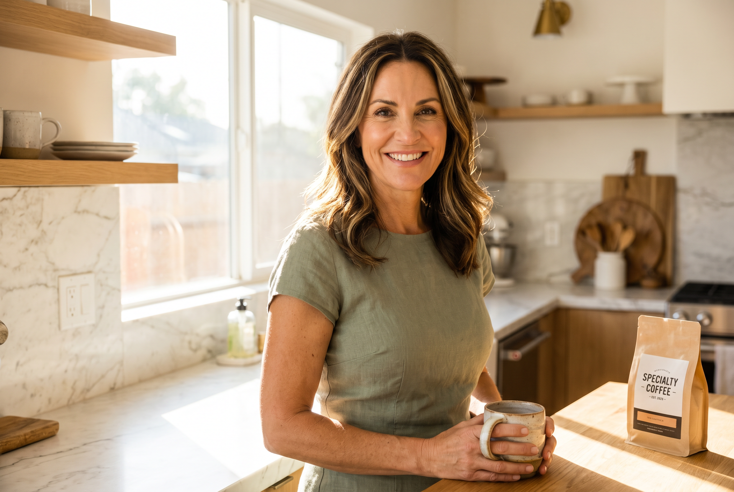Sarah Jenkins looking vibrant and healthy in her kitchen